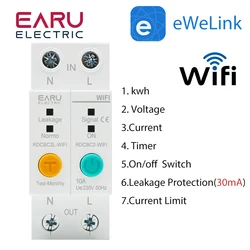 eWeLink 2P WIFI Circuit Breaker Energy Meter kWh Timer Switch Relay Voltmeter Current Leakage Protection RCCB RCBO Limitter