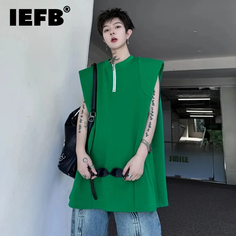 

IEFB Men's Tank Top Zipper Structure Design Loose Round Neck 2024 Summer New Fashion Solid Color Versatile Male Vest 28W3267