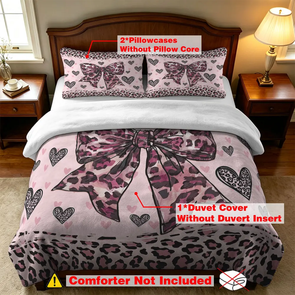 Pink Leopard Bow Heart Print Milk Velvet Duvet Cover Set 3 Piece Coquette Soft Flannel Bedding Set Bedroom Decor