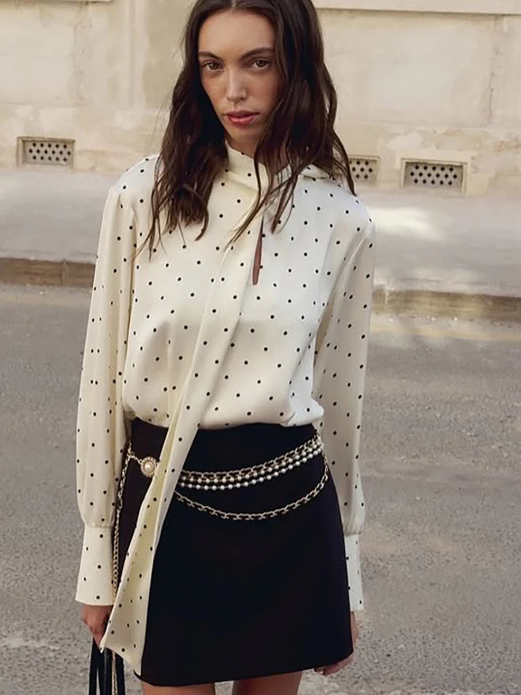 

JULISSA MO Satin Print Polka Dots Bow Women Shirt White Long Sleeve Single Breasted Blouses Female Autumn Slim Casual Streetwear