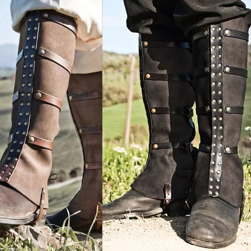 Armadura de pierna de cuero PU vikingo Steampunk Medieval, disfraz de caballero, bota de motocicleta, cubierta de zapato, accesorio de senderismo, Larp para hombres y mujeres