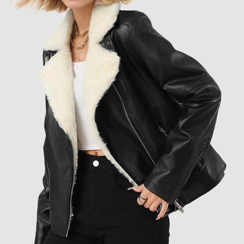 2025 New Fashion Winter Thickened Fur-Lined Coat for Women Zipper Design PU Leather Jacket Female Trendy