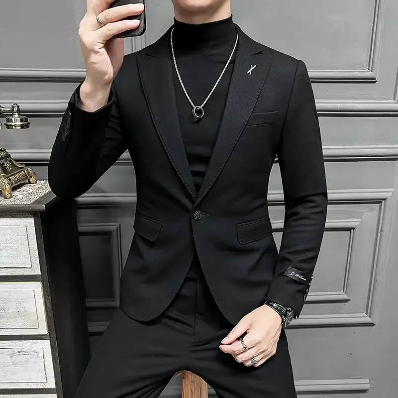 High Quality Versatile Suit Jacket Men Solid Color Slim Fit Casual Business Blazers Social Office Wedding Groom Dress Coat