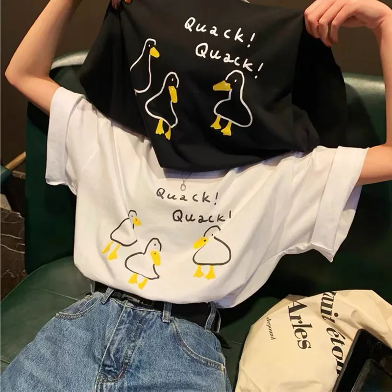 Duck Cartoon Printed Summer T-Shirts Women Kawaii Graphic Print Tee O-Neck Casual Cotton Loose Shirts Girls Korean Tops