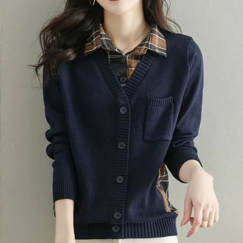 New Autumn Fashion Splice Loose Fit falso colletto della camicia a due pezzi lavorato a maglia Versatile stile occidentale maglione capispalla a etร
