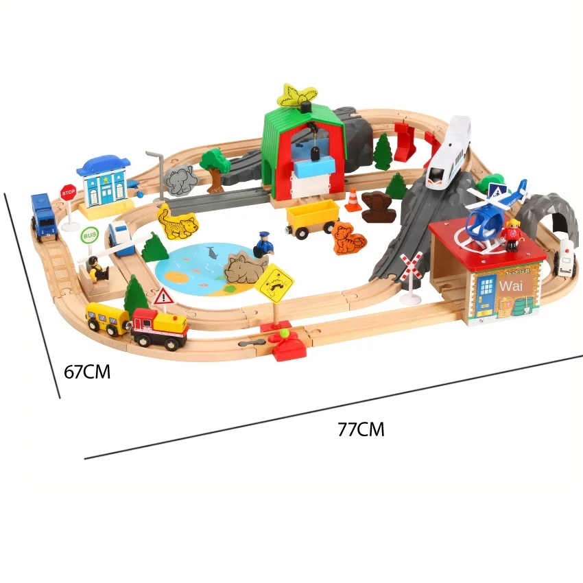 79pcs Sound Electric Train Track Set Scene Compatible Wooden Hillside Parking Airport Fishing Children Gift Toys PD26