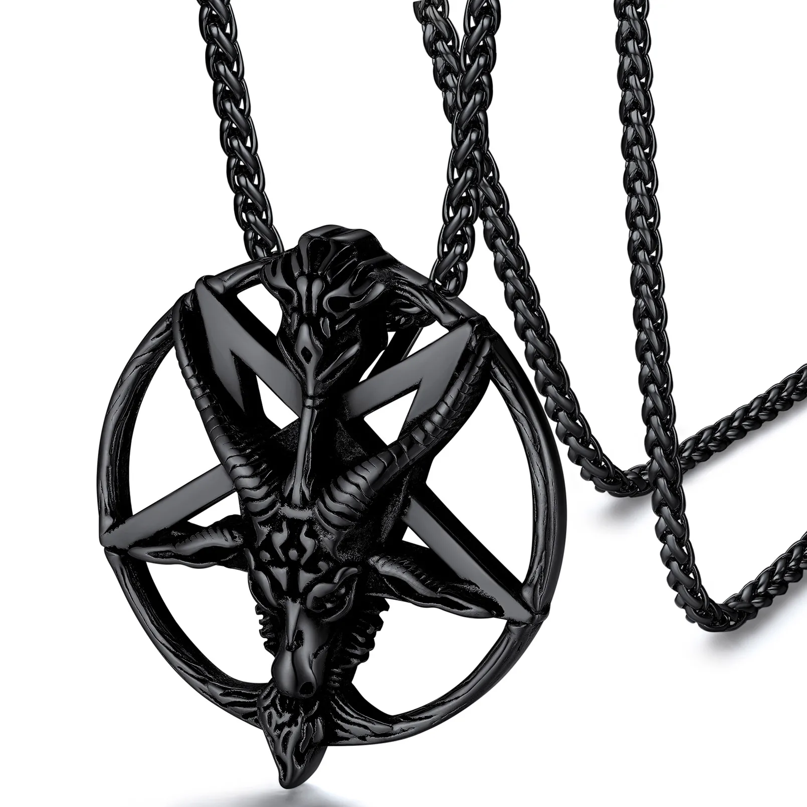 U7 Stainless Steel Satan Goat Magic Pentagram Pendant Necklace for Men Woman Black Gold Color Unisex Religious Symbol Jewelry