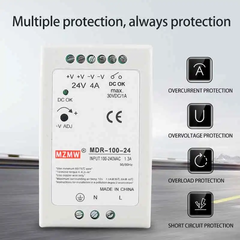 MZMW Industrial DIN Rail Switching Power Supply MDR-40W 60W 5V 12V 24V 100-240V AC/DC Single Output Grade Transformer Source