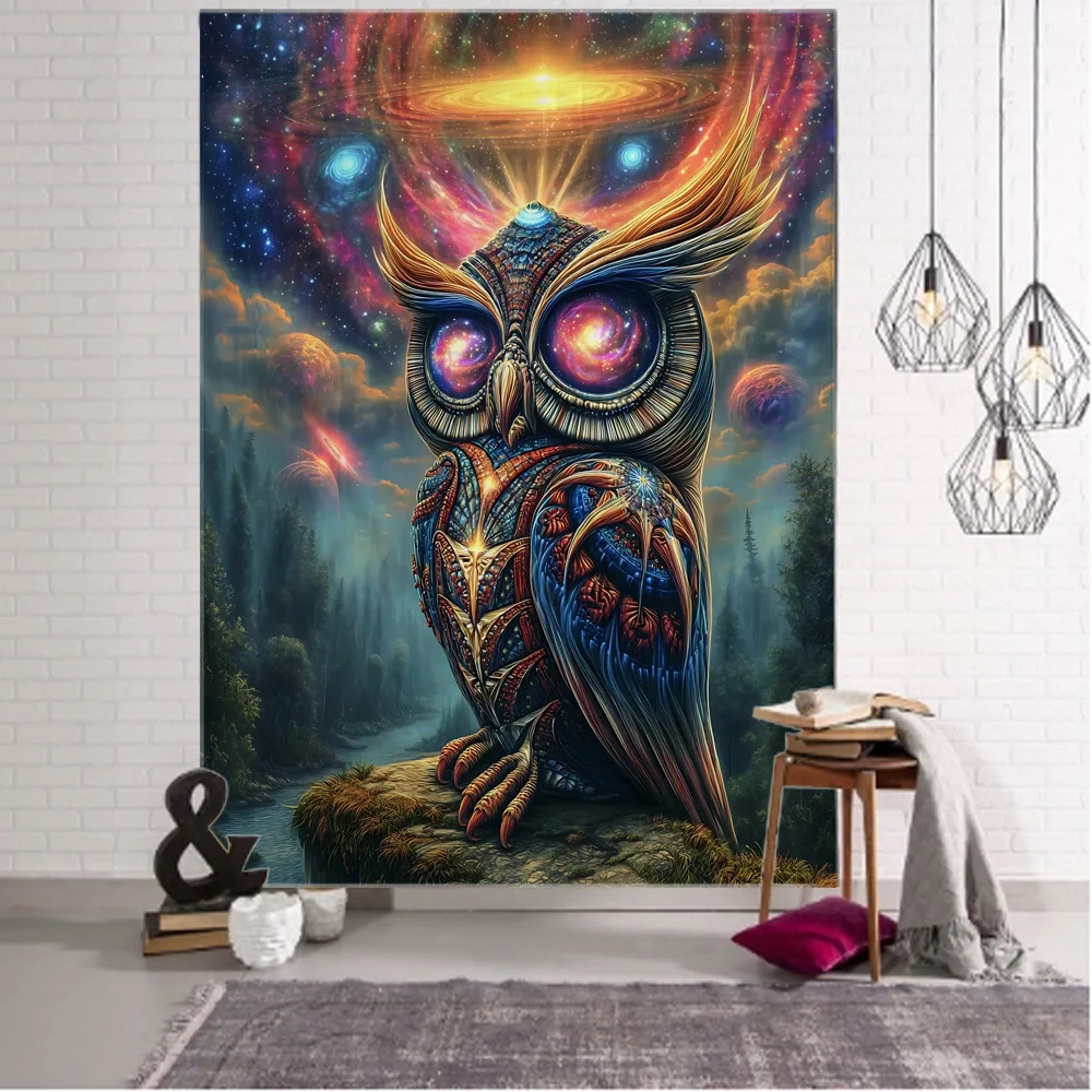 

Colorful psychedelic owl tapestry Bohemian hippie art science fiction room decoration Wizardry home wall art decoration blanket
