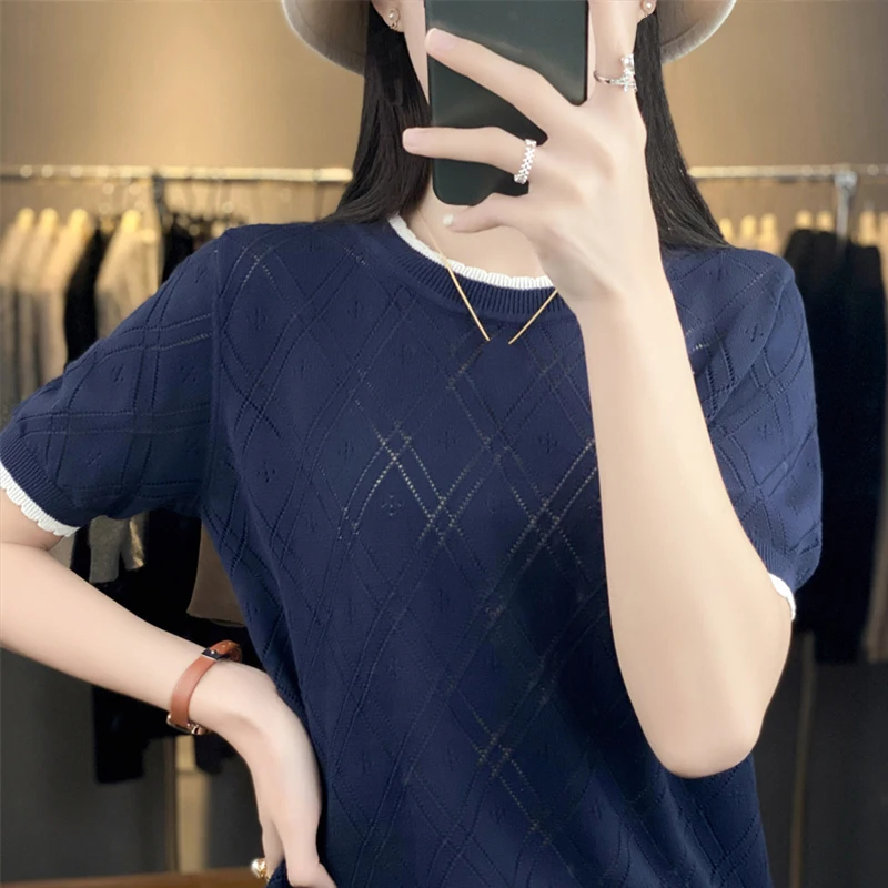 Women O-Neck Short Sleeve Knitted Sweater Shirt Hollow Out Geometric Pullover Tops Solid Slim Cotton Blouse Clothing Female