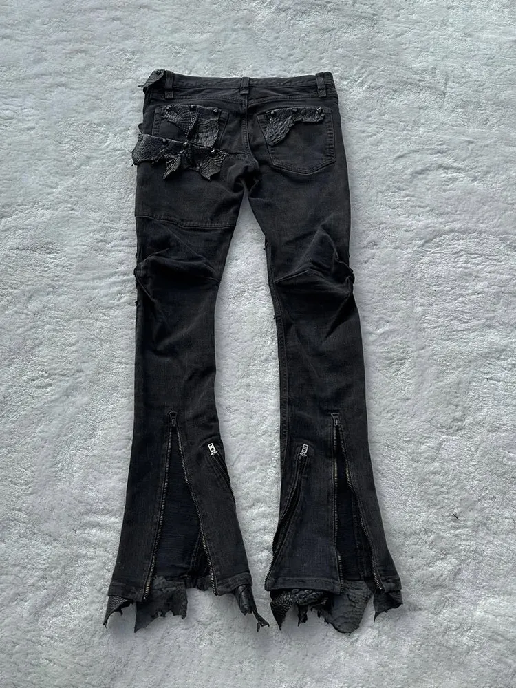 FANTASTION if6was9 Visual kei Cattlehide crocodile pattern patchwork jeans micro-flare pants adjustable zipper hems