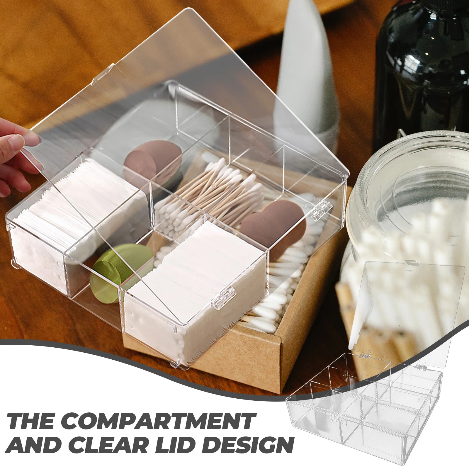 Scatola portaoggetti per batuffoli di cotone Scomparti multipli in acrilico Coperchio trasparente Organizzatore per trucco Supporto da tavolo Contenitore per rossetto