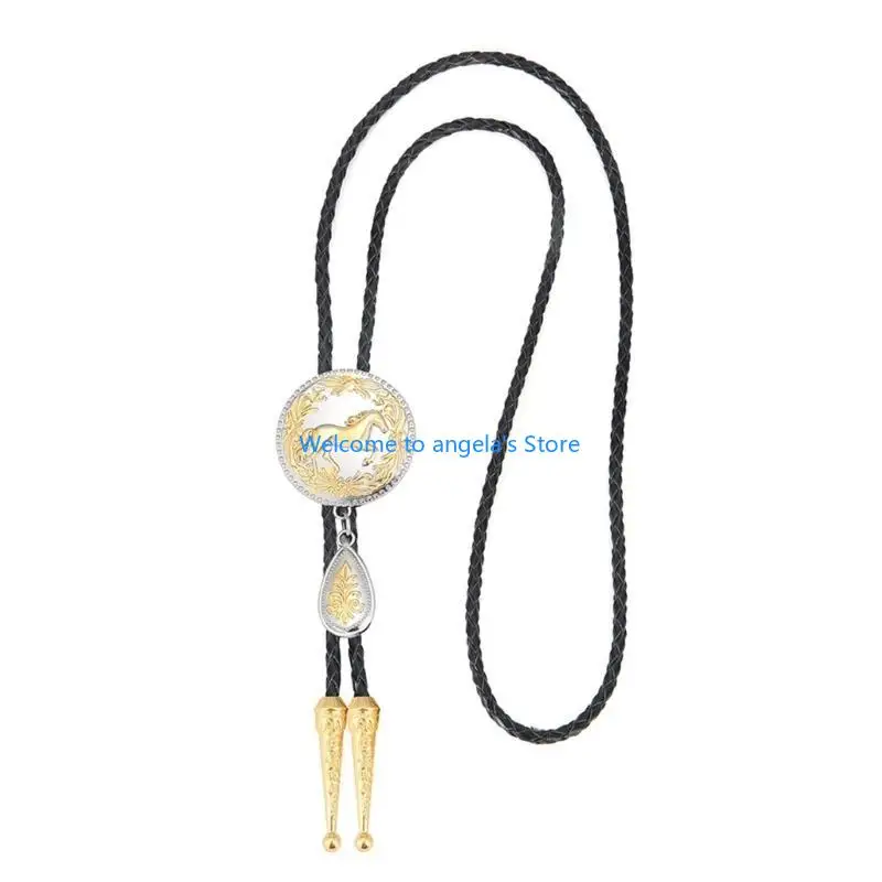 

X4YC Ковбойский плетеный кожаный галстук-боло с металлической лошадью и подвеской-капелькой для мужчин, женщин, вечеринок и