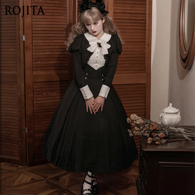 

White Bow Collar Black Long Sleeve Lolita Coat Ruffled Patchwork Sleeveless Camisole Dress Spring Autumn Two-Piece Dress Set