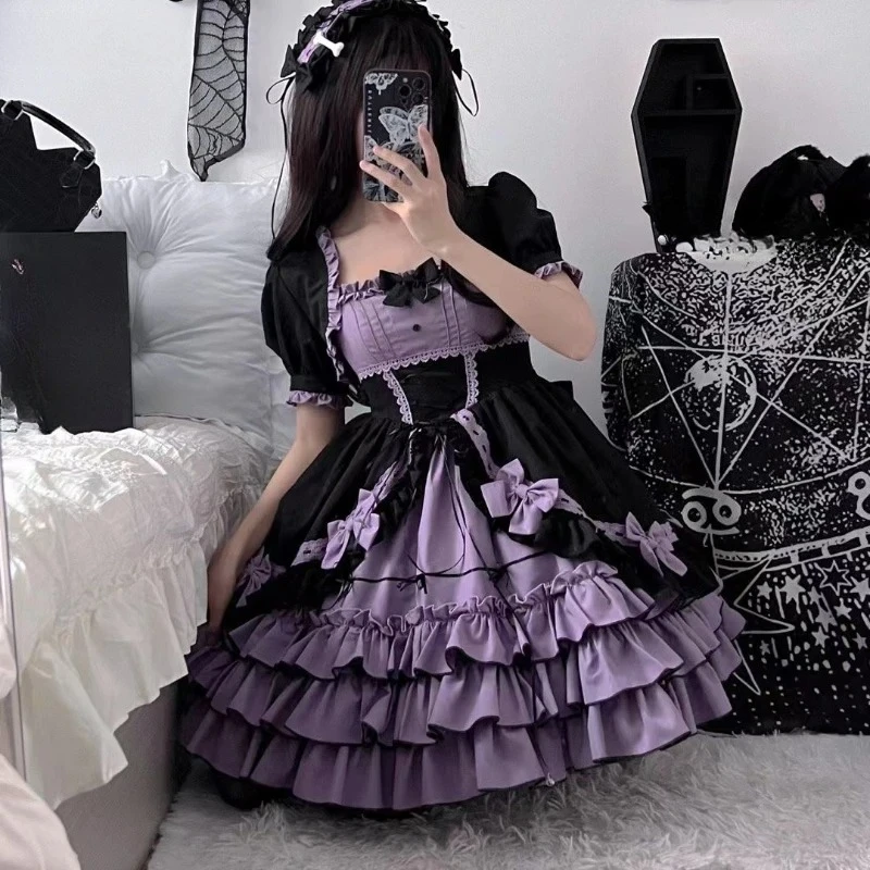2023 japanische Vintage Lolita Kleid Frauen Gothic Y2k Kurzarm Mini Kleider Harajuku Bogen Süße Nette Dünne Rock Herbst Neue