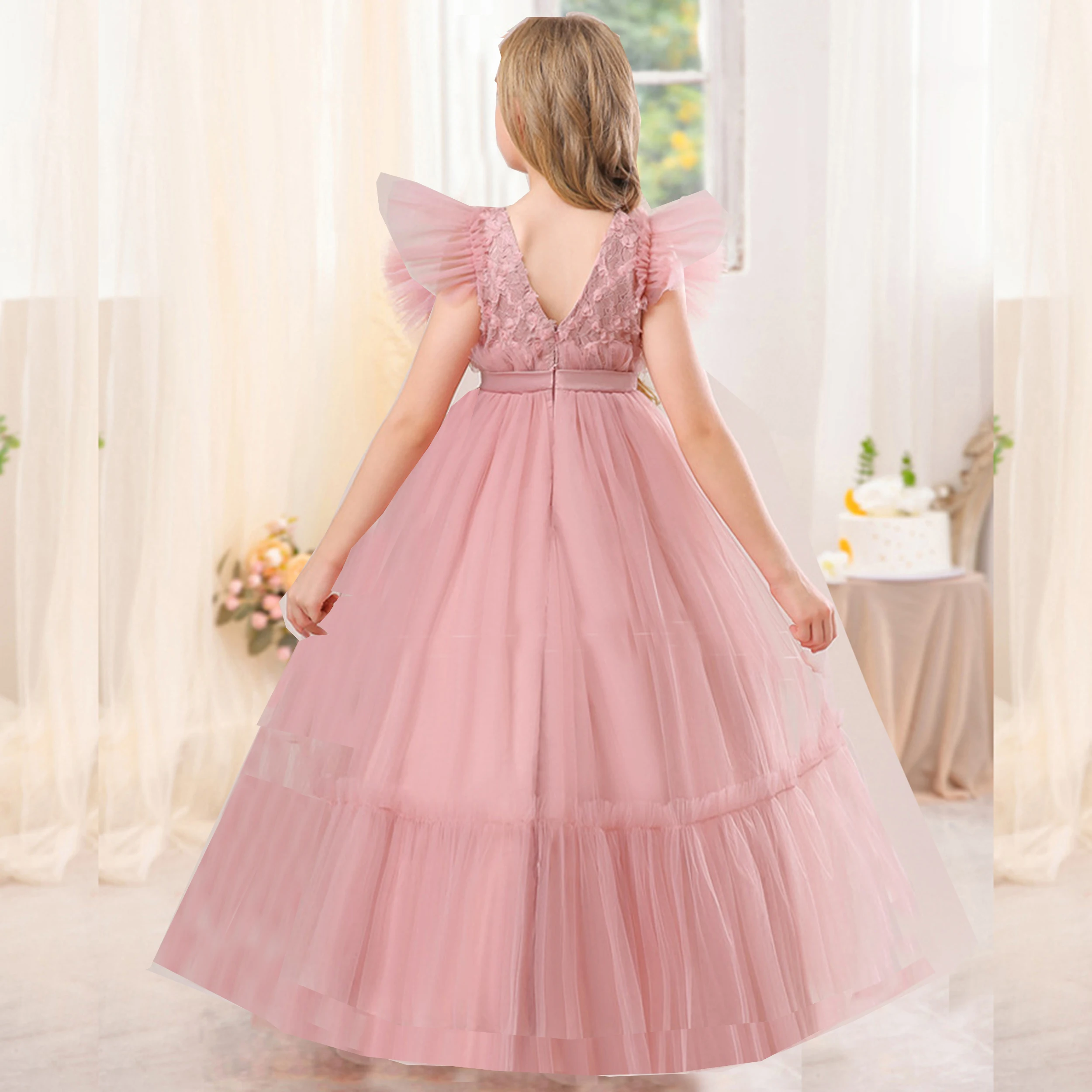 

HXCMall Little Big Girls V Backless 3D Rose Petal Flower Girl Birthday Party Formal Long Pageant Dress