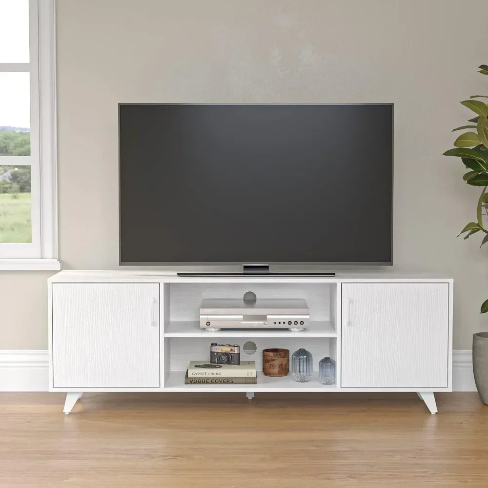 Living room TV console unit with shelves and 2 storage cabinets for TVs under 70 inches in the living room and bedroom, white