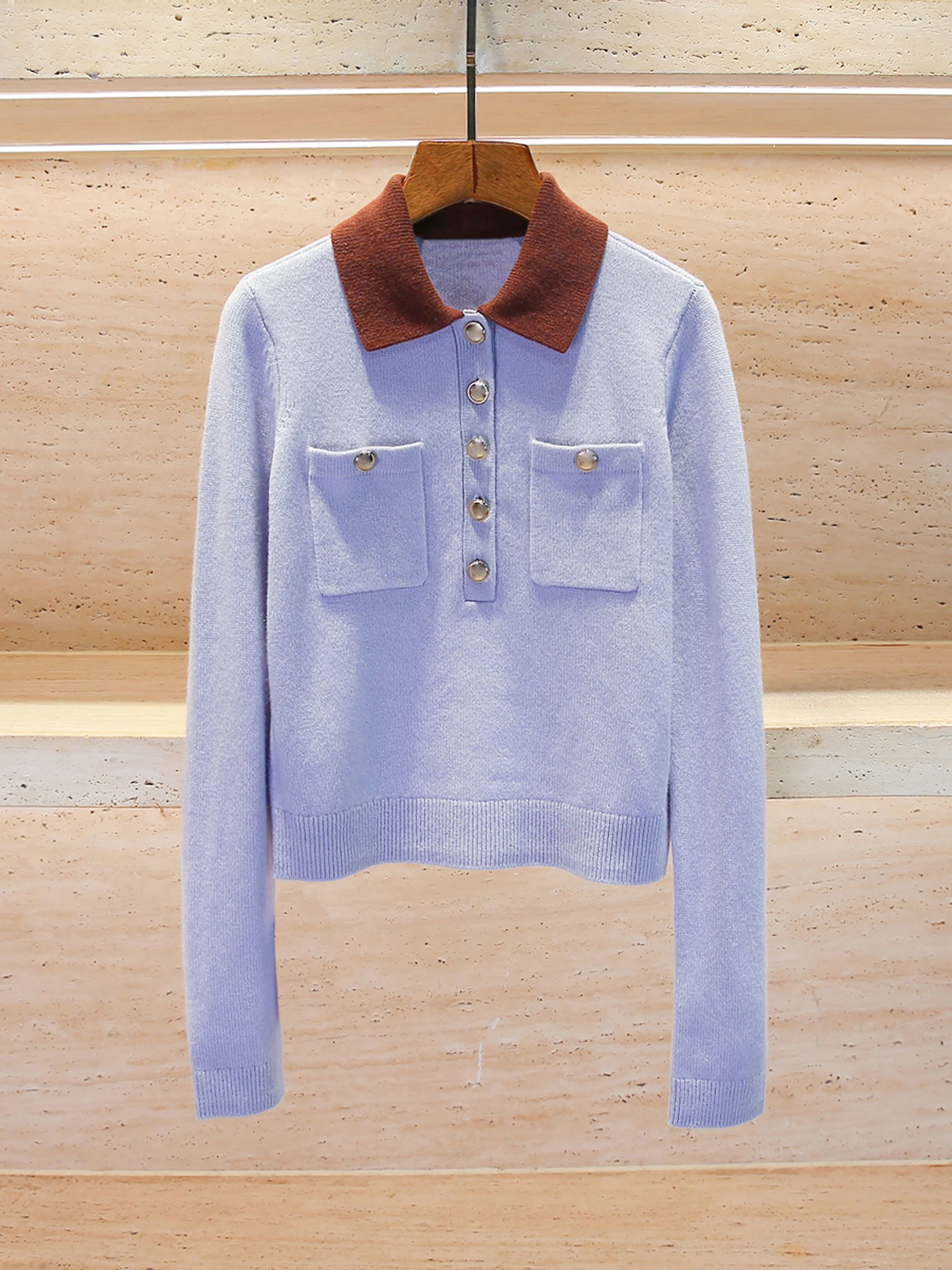 

Ele Collar Knitted Sweater Soft Medium Thin Long Sve ort Length Color Blo Design for Daily Wear Commute