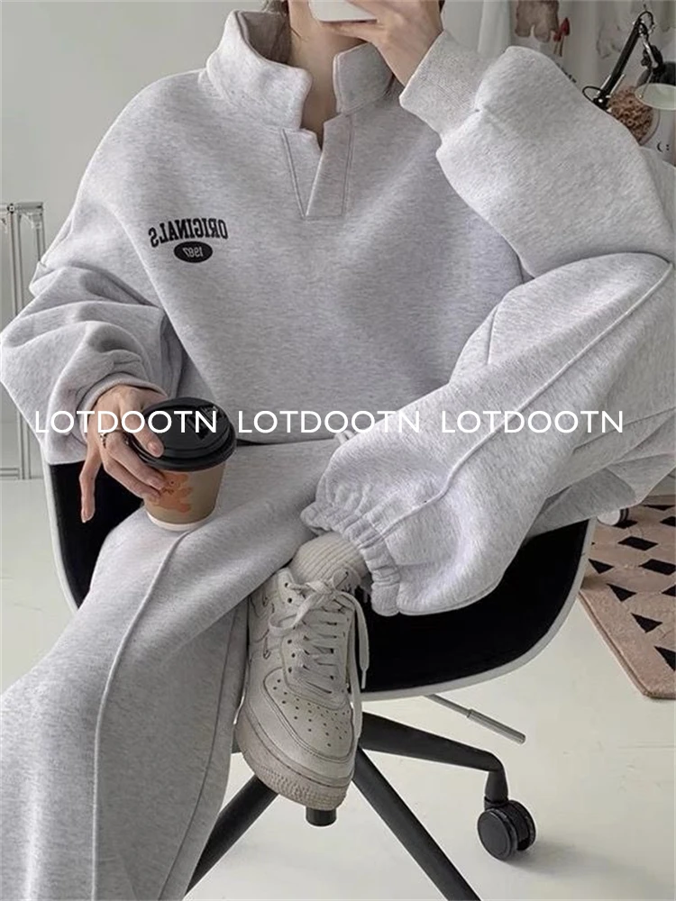 LOTDOOTN Autumn Thin Two Piece Sets Women Tracksuit Oversized Suit 2023 Trouser Suits Female Sweatshirt Solid Color Sportswear