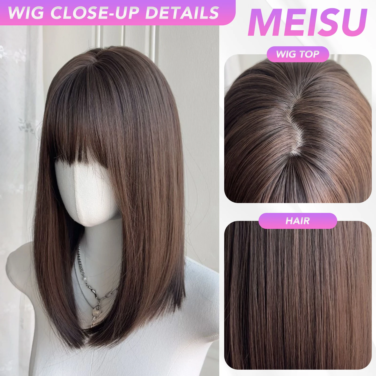 MEISU 16 بوصة قصيرة بوبو الانفجارات شعر مستعار الاصطناعية مستقيم الطبقات الباروكات الألياف البني مقاومة للحرارة حفلة أو Selfie تأثيري للنساء #4