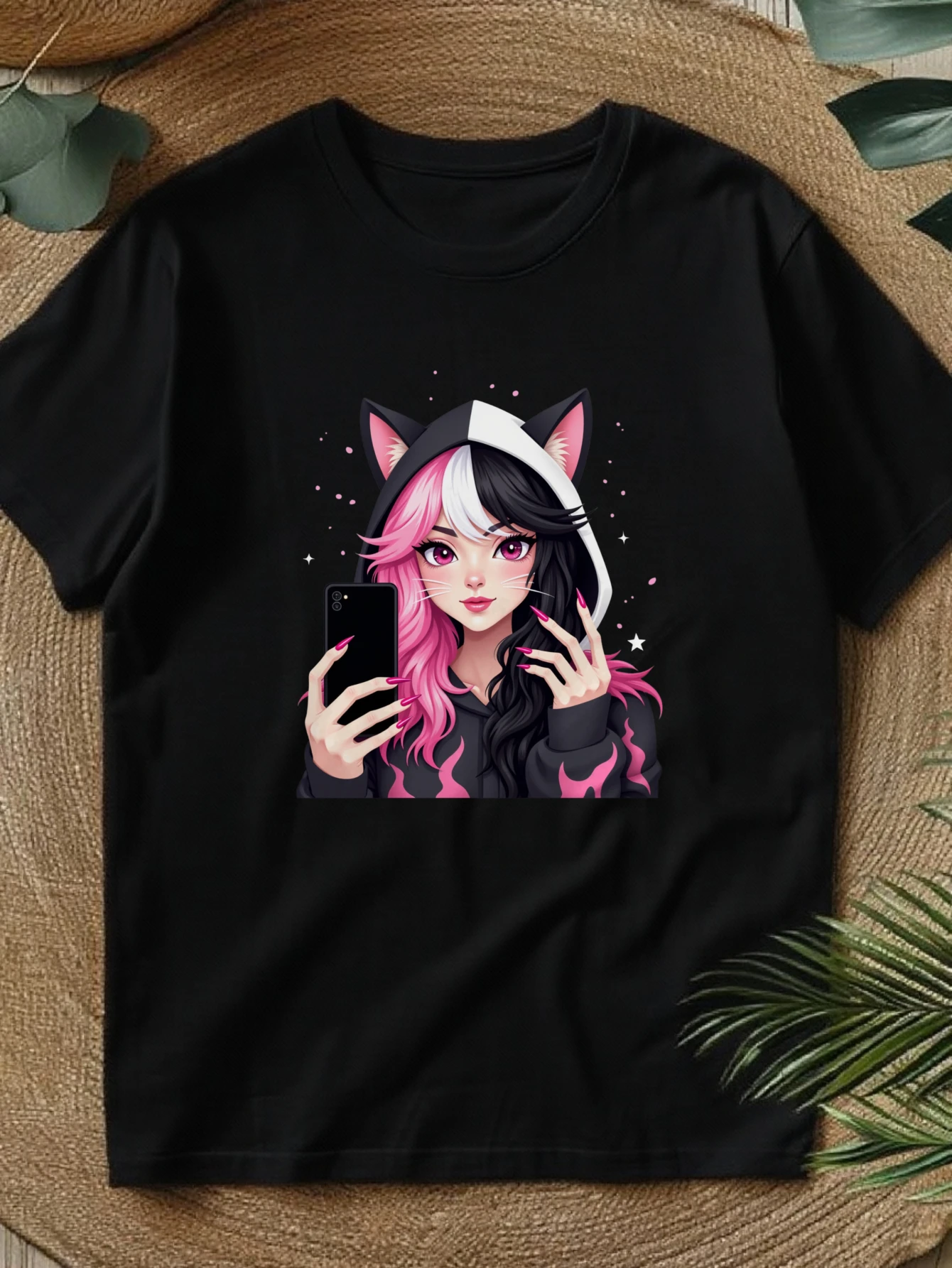 Cute Short Tops, Women's Round Neck T-Shirts, Spring and Summer Women's Clothing, Anime Cat Ear Selfie Style, Fashionable and Casual Choice, Attitude Statement T-Shirt, Local Delivery