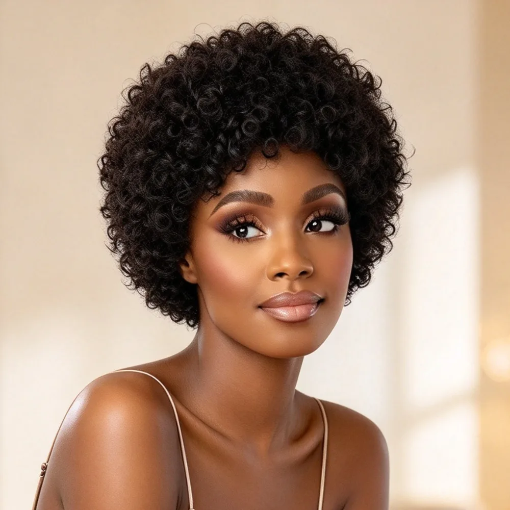 Daily and Party Wear Pixie Cut Wig Short Afro Kinky Deep Wave Natural Black Brazilian Virgin Human Hair for Black Women