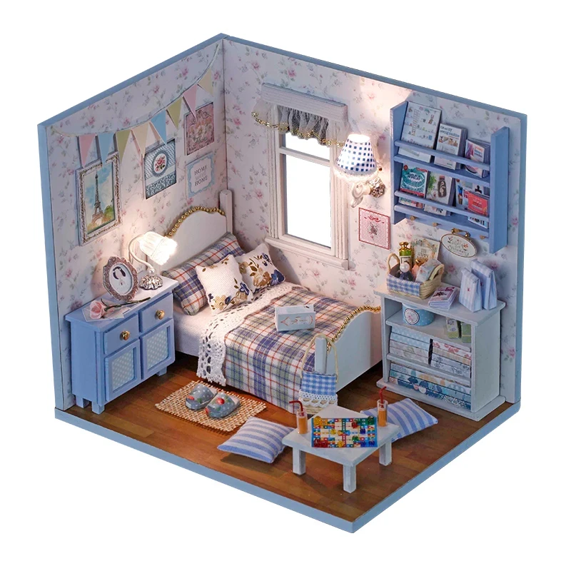 

OUZEY DIY Wooden Girl Bedroom Miniature Model Kits Furniture LED Lights Dollhouse for Friends Birthday Gifts