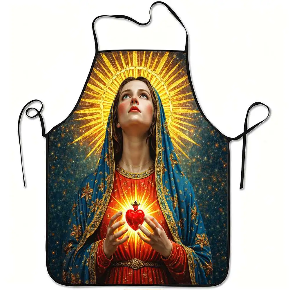 1pc Sacred Heart Religious Apron with Sacred Heart of & Catholic Icon - Durable Easy-Clean Polyester, Adjustable Waistband Suita
