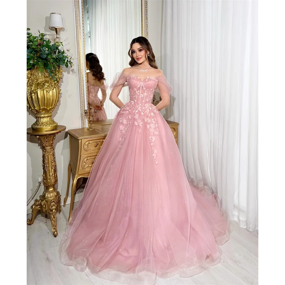 

Lucy Tulle Off The Shoulder Pink Ball Gown Princess Prom Dress Graduation Gown New Flowers Customized vestidos 2026 tendencias