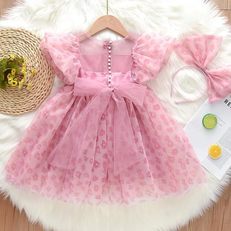 Mädchen Sommer Prinzessinnen-Tüllkleid mit Leopardenmuster, Rosa, Puffärmel, Süßes Kinder-Prinzessinnenkleid
