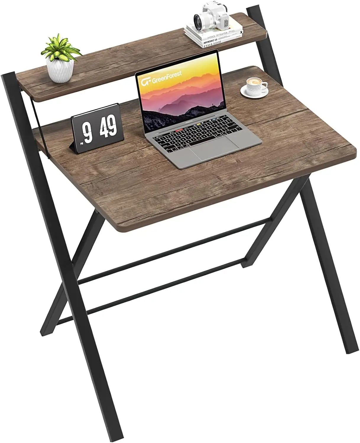 newFolding Desk No Assembly Required Small Size, 2-Tier Foldable Computer Desk with Shelf for Home Office, Space Saving Portable