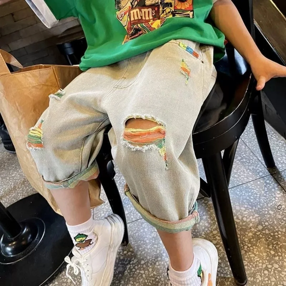 2025 여름 아동 찢어진 청바지 봄 가을 옷 남자아이 캐주얼 루즈핏 바지 얇은 바지