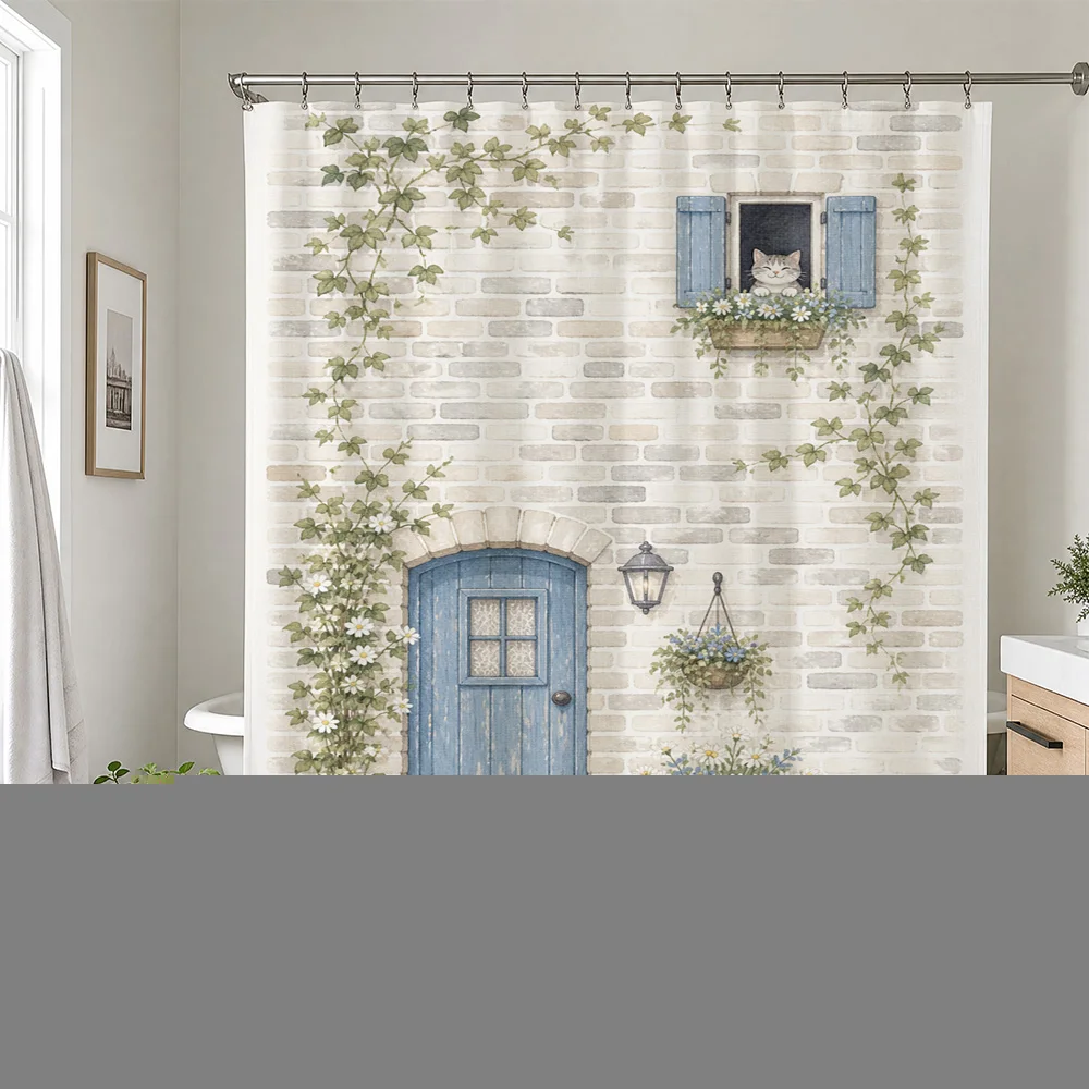 Waterproof Floral Cottage Core Shower Curtain Farmhouse Rustic Bathroom Decor Vintage Garden Greenery Subway Brick Door Shower L