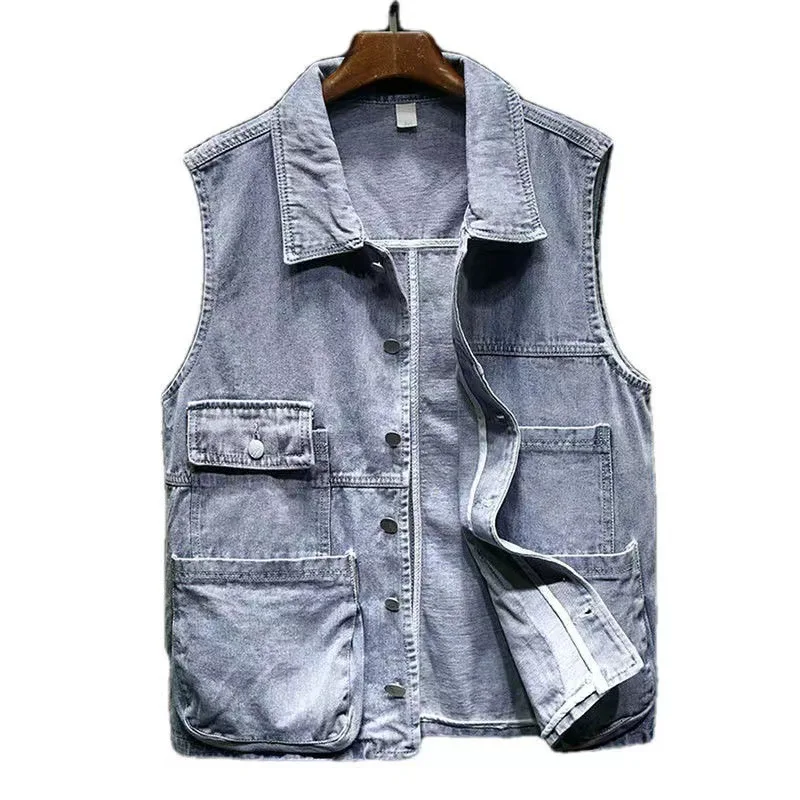 2023 Retro Denim Vest Men Sleeveless Cargo Jacket Harajuku Style Tooling Jean Jacket Cowboy Fashion Wasitcoat Men'S Clothing XXL