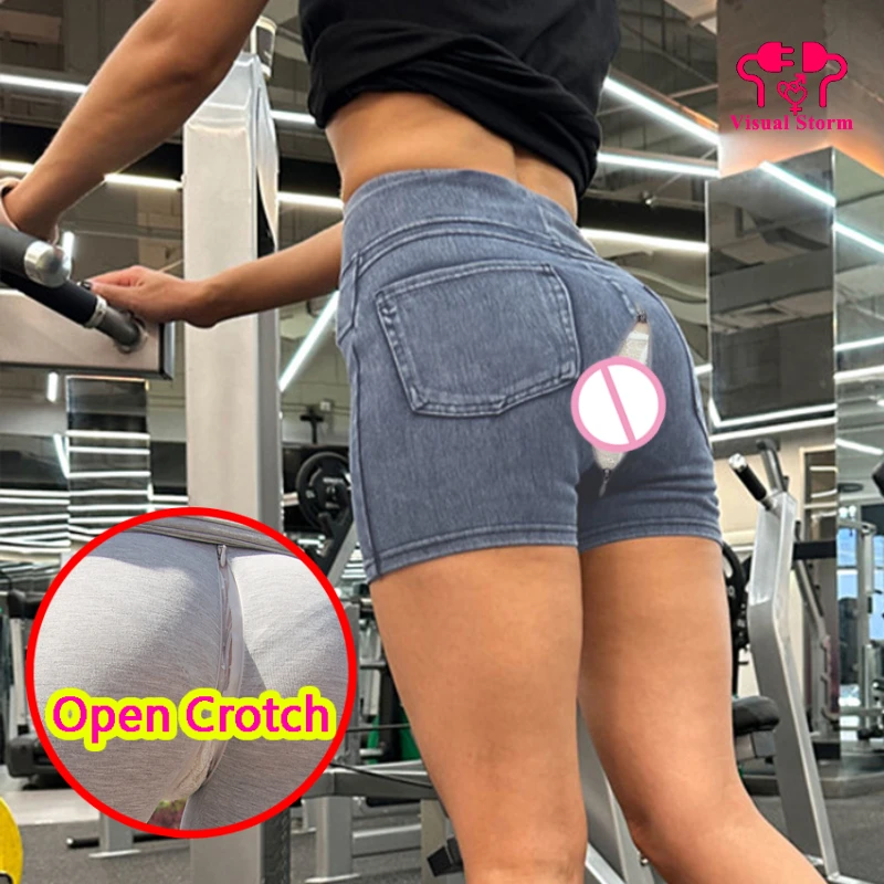 Women Open Crotch Yoga Pants Short Jeans Hidden Zippers Crotchless Mini Hot Shorts Push Up Clubwear Skinny Cloth Couple Lovers