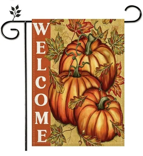 Fall Thanksgiving Welcome  Burlap Yard Garden Flag 12x18 Leaves Autumn Pumpkins YYZ