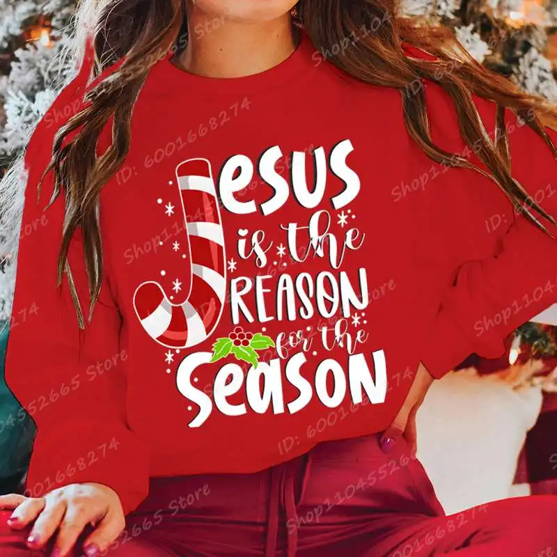 يسوع هو سبب الموسم البلوز المطبوع، هدية عيد الميلاد، بلوزات عيد الميلاد النسائية المسيحية، البلوفرات طويلة الأكمام #2