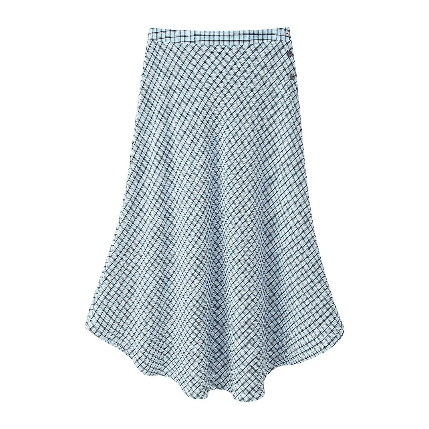 

Женская клетчатая юбка миди с асимметричным подолом, высокой талией и пуговицами, светло-голубая клетчатая расклешенная юбка для весны и осени A5QJ