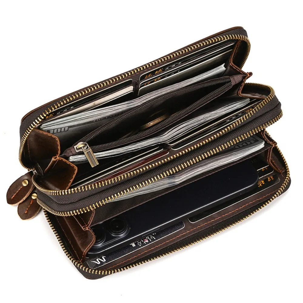 

Men's Leather Long Wallet Large Capacity Oily Leather Double Zipper Wallet First Layer Cowhide Clutch Bag Change Bit Versatile