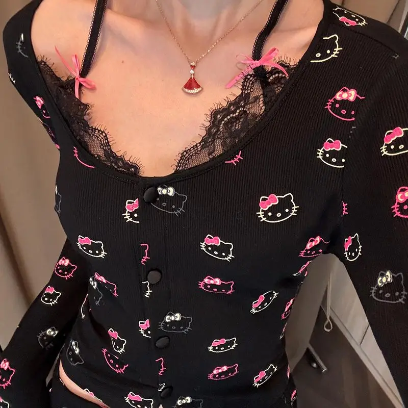 

Hello Kitty Pajamas Miniso Cantoon Printing Nylon Lace Fashion Comfortable Home Suit Set Spring Autumn New Long Sleeved Pants