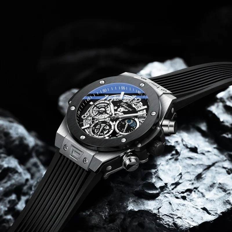 CHENXI 949 Relojes de cuarzo para hombre Calendario de fase lunar Cronógrafo luminoso Correa de silicona Reloj deportivo resistente al agua para hombre