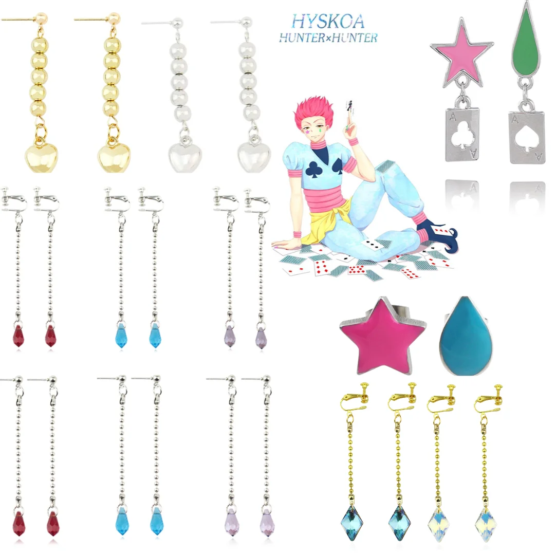 Pendientes de Cosplay de Hisoka de Hunter x Hunter, Pendientes Colgantes de Anime HxH con Forma de Estrella, Lágrima y Carta de Póker, Accesorios de Joyería para Disfraces