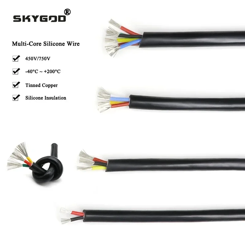 1-10M Black Flexible Silicone Wire Square 0.3/0.5/0.75/1/1.5/2/2.5/4/6 mm x 2/3/4/6 Cores Tinned Copper High Temperature Cable