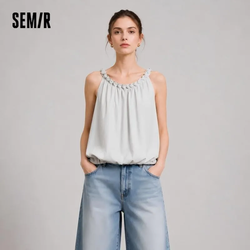 Semir Women Shirt Short Length Knot Halter Fluffy Bud Loose A Line Cute Gentle Stylish 2026 Summer Top