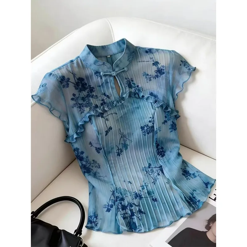 Unique Beautiful Traditional Chinese Style Cheongsam Top New Chinese-style Spring Fashion One-button Printed Short-sleeved Shirt