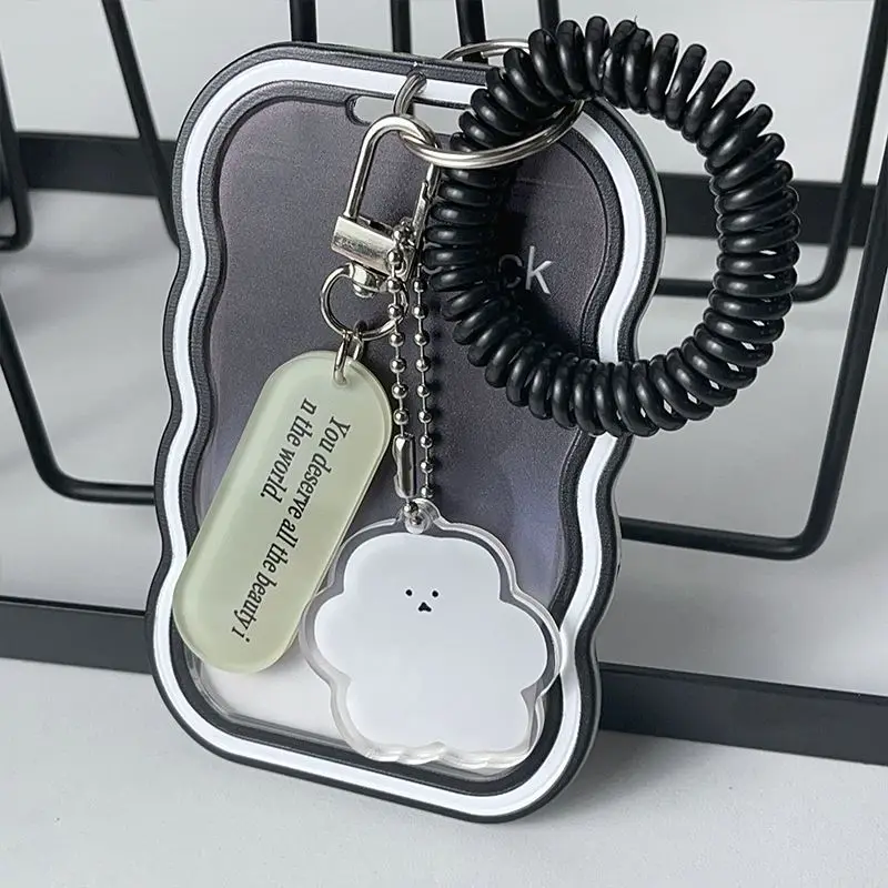 Cute Wavy Edge Photocard Holder with Spring Coil Lanyard Cloud Charms ID Card Badge Holder Kpop Card Cover Bag Pendant for Girls