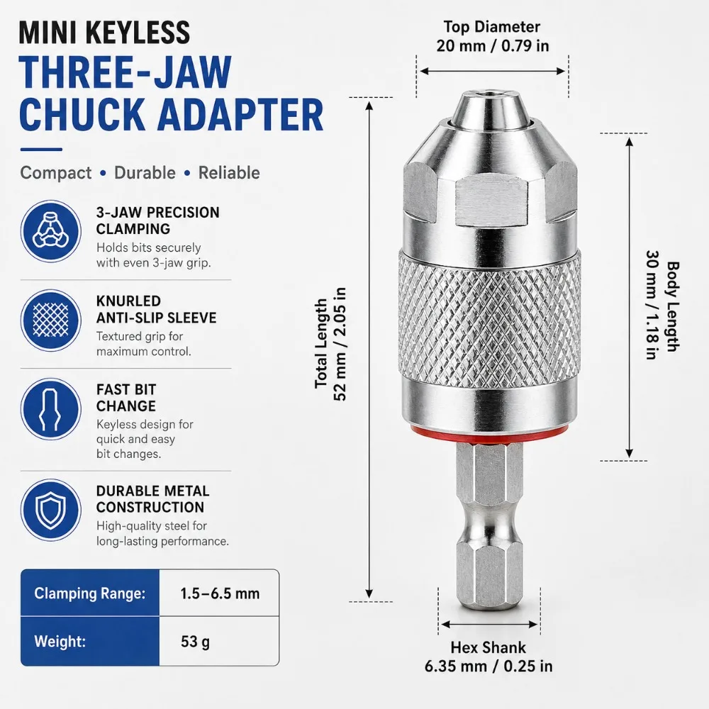 3 Jaw Drill Chuck Adapter with Quick Release Hex Shank Converter for Power Tools Electric Drills Woodworking Installation