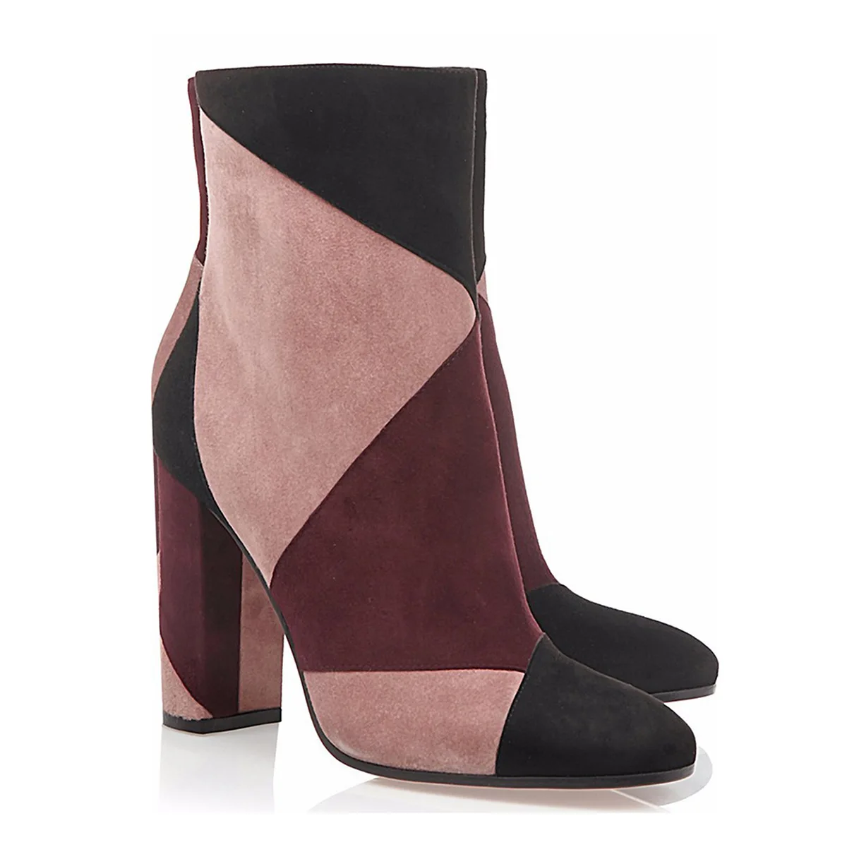 

Color-Blocked Thick Heel Ankle Boots Round Toe Suede Thick Heel Short Botines Zipper Women Botas Femininas Chaussure Femme