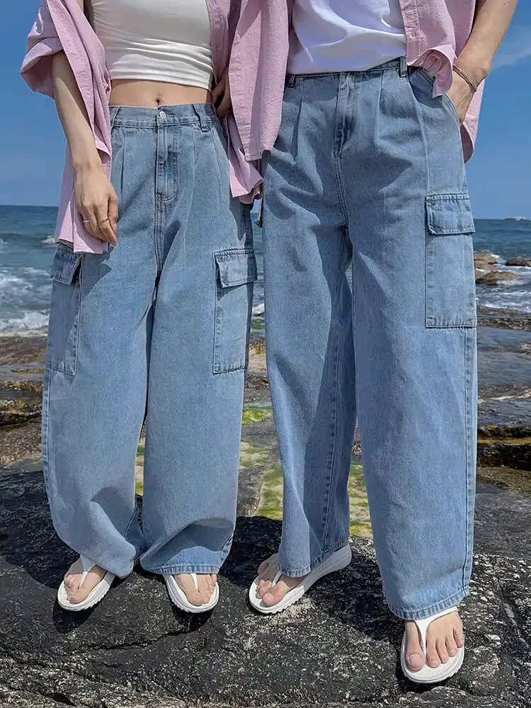 

SYUHGFA High Street мужские джинсовые брюки с несколькими карманами, однотонные прямые широкие брюки, свободные мужские джинсы Cleanfit, лето 2023 г.