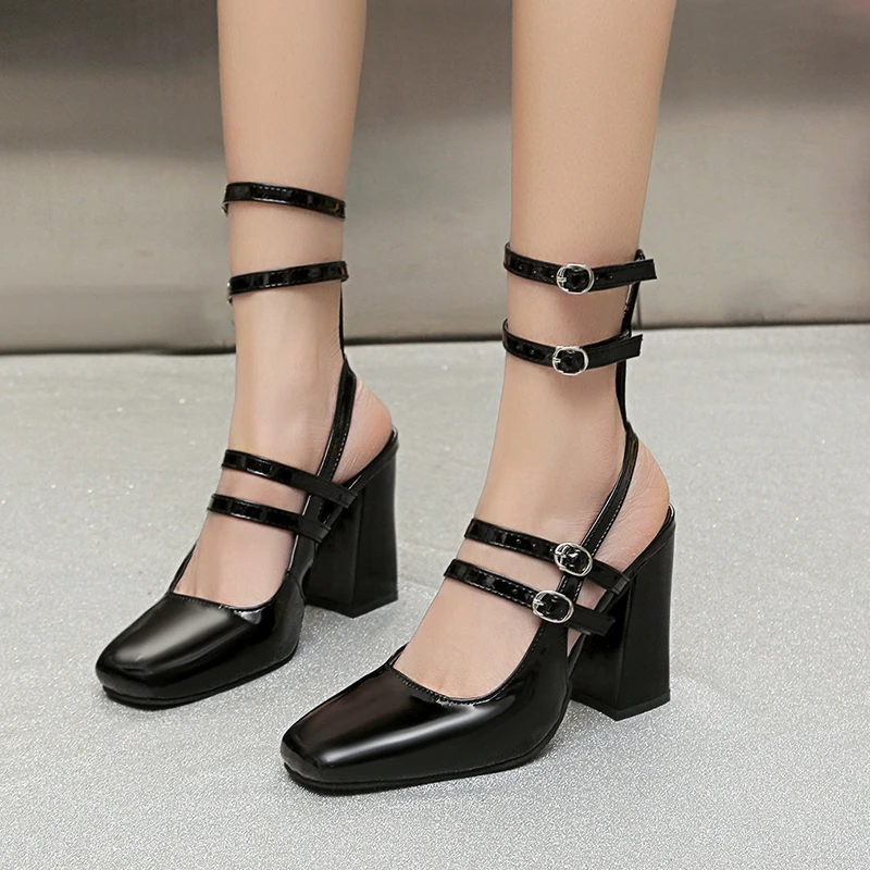 2024 Fashion Ladies Shoes Mary Janes Women\'s High Heels New Buckle Strap Office and Career Hot Sale Square Toe Toe Cap Sandals